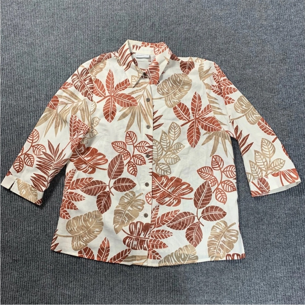 Alfred Dunner Leaf Button Up Linen Blend Blend 3/4 sleeve Size 14 semi sheer